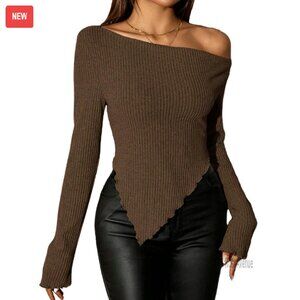 Ribbed Knit Asymmetrical Hem Off Shoulder Crop Top Long Sleeve